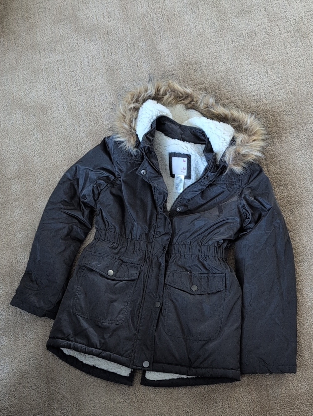 SO Black Grey Faux-Fur Hooded Puffer Parka 10/12 Girls